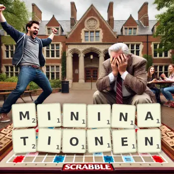 Kreative Illustration für ein Scrabble-Spiel, bei dem das Wort MININATIONEN mit Steinen auf dem Brett gelegt wurde.