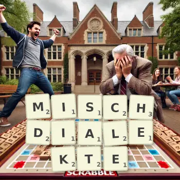 Kreative Illustration für ein Scrabble-Spiel, bei dem das Wort MISCHDIALEKTE mit Steinen auf dem Brett gelegt wurde.