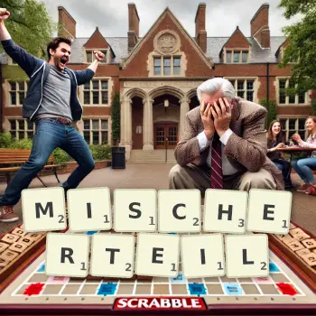 Kreative Illustration für ein Scrabble-Spiel, bei dem das Wort MISCHERTEIL mit Steinen auf dem Brett gelegt wurde.