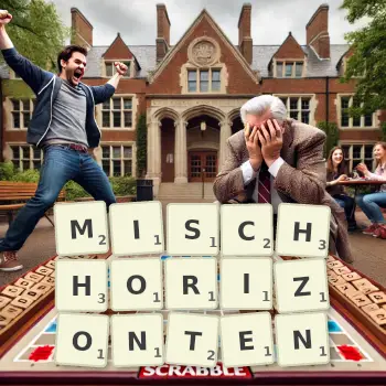 Kreative Illustration für ein Scrabble-Spiel, bei dem das Wort MISCHHORIZONTEN mit Steinen auf dem Brett gelegt wurde.