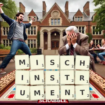 Kreative Illustration für ein Scrabble-Spiel, bei dem das Wort MISCHINSTRUMENT mit Steinen auf dem Brett gelegt wurde.