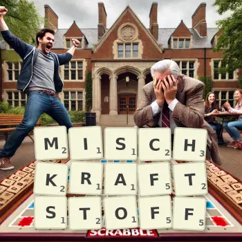 Kreative Illustration für ein Scrabble-Spiel, bei dem das Wort MISCHKRAFTSTOFF mit Steinen auf dem Brett gelegt wurde.