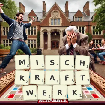 Kreative Illustration für ein Scrabble-Spiel, bei dem das Wort MISCHKRAFTWERK mit Steinen auf dem Brett gelegt wurde.