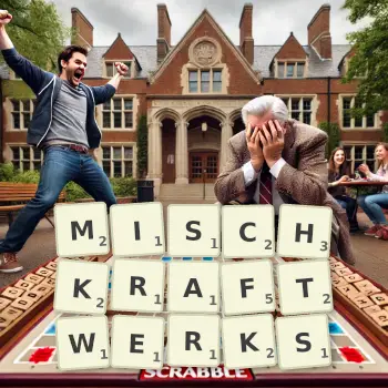 Kreative Illustration für ein Scrabble-Spiel, bei dem das Wort MISCHKRAFTWERKS mit Steinen auf dem Brett gelegt wurde.