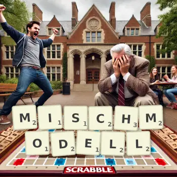 Kreative Illustration für ein Scrabble-Spiel, bei dem das Wort MISCHMODELL mit Steinen auf dem Brett gelegt wurde.