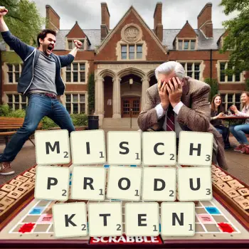 Kreative Illustration für ein Scrabble-Spiel, bei dem das Wort MISCHPRODUKTEN mit Steinen auf dem Brett gelegt wurde.