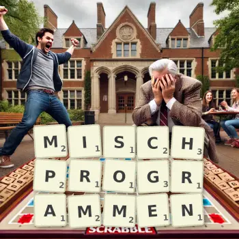 Kreative Illustration für ein Scrabble-Spiel, bei dem das Wort MISCHPROGRAMMEN mit Steinen auf dem Brett gelegt wurde.