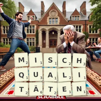 Kreative Illustration für ein Scrabble-Spiel, bei dem das Wort MISCHQUALITÄTEN mit Steinen auf dem Brett gelegt wurde.