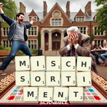 Kreative Illustration für ein Scrabble-Spiel, bei dem das Wort MISCHSORTIMENT mit Steinen auf dem Brett gelegt wurde.