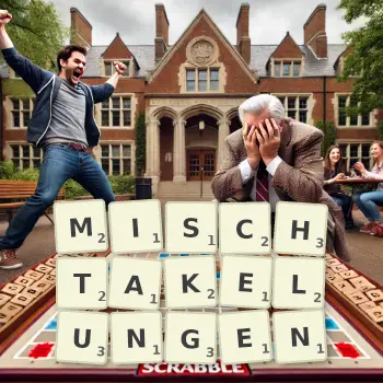Kreative Illustration für ein Scrabble-Spiel, bei dem das Wort MISCHTAKELUNGEN mit Steinen auf dem Brett gelegt wurde.