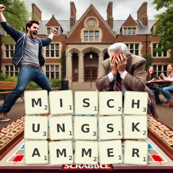 Kreative Illustration für ein Scrabble-Spiel, bei dem das Wort MISCHUNGSKAMMER mit Steinen auf dem Brett gelegt wurde.