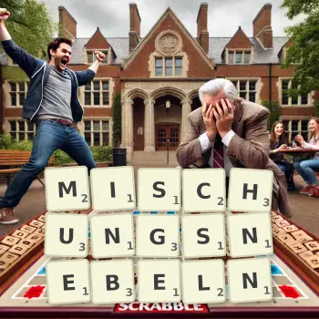 Kreative Illustration für ein Scrabble-Spiel, bei dem das Wort MISCHUNGSNEBELN mit Steinen auf dem Brett gelegt wurde.