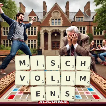 Kreative Illustration für ein Scrabble-Spiel, bei dem das Wort MISCHVOLUMENS mit Steinen auf dem Brett gelegt wurde.