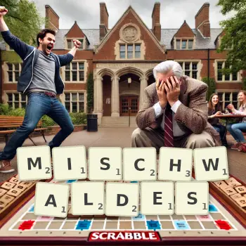 Kreative Illustration für ein Scrabble-Spiel, bei dem das Wort MISCHWALDES mit Steinen auf dem Brett gelegt wurde.