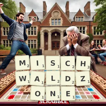 Kreative Illustration für ein Scrabble-Spiel, bei dem das Wort MISCHWALDZONE mit Steinen auf dem Brett gelegt wurde.