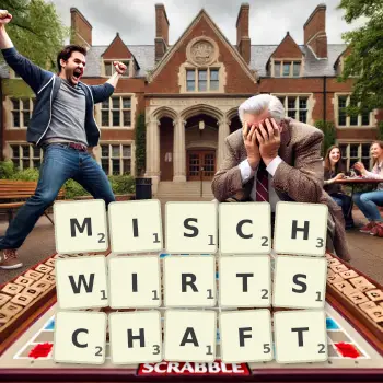 Kreative Illustration für ein Scrabble-Spiel, bei dem das Wort MISCHWIRTSCHAFT mit Steinen auf dem Brett gelegt wurde.