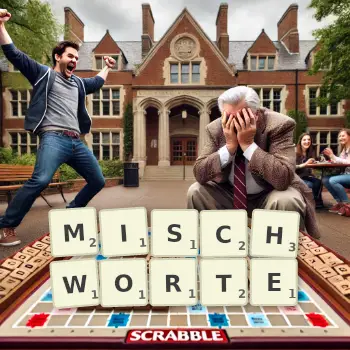 Kreative Illustration für ein Scrabble-Spiel, bei dem das Wort MISCHWORTE mit Steinen auf dem Brett gelegt wurde.
