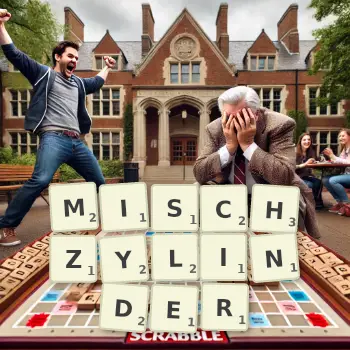 Kreative Illustration für ein Scrabble-Spiel, bei dem das Wort MISCHZYLINDER mit Steinen auf dem Brett gelegt wurde.