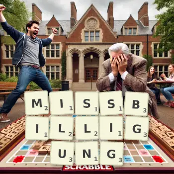 Kreative Illustration für ein Scrabble-Spiel, bei dem das Wort MISSBILLIGUNG mit Steinen auf dem Brett gelegt wurde.
