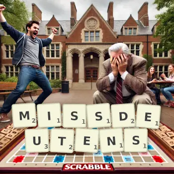 Kreative Illustration für ein Scrabble-Spiel, bei dem das Wort MISSDEUTENS mit Steinen auf dem Brett gelegt wurde.