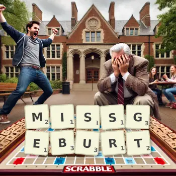Kreative Illustration für ein Scrabble-Spiel, bei dem das Wort MISSGEBURT mit Steinen auf dem Brett gelegt wurde.