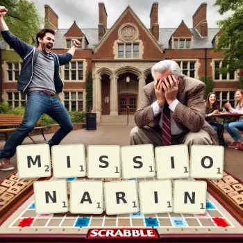 Kreative Illustration für ein Scrabble-Spiel, bei dem das Wort MISSIONARIN mit Steinen auf dem Brett gelegt wurde.