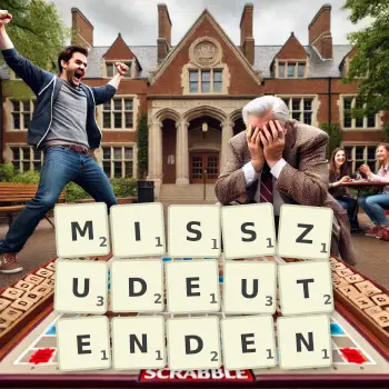 Kreative Illustration für ein Scrabble-Spiel, bei dem das Wort MISSZUDEUTENDEN mit Steinen auf dem Brett gelegt wurde.