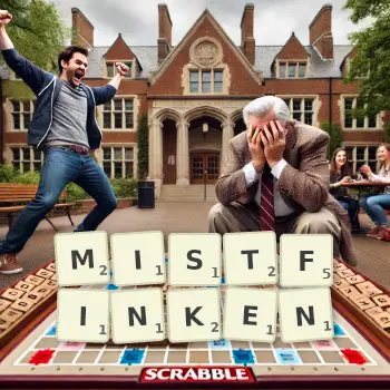 Kreative Illustration für ein Scrabble-Spiel, bei dem das Wort MISTFINKEN mit Steinen auf dem Brett gelegt wurde.