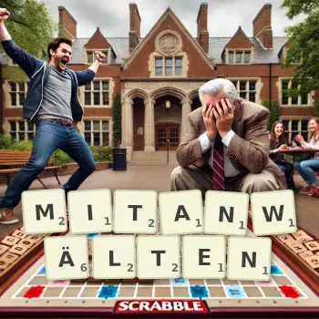 Kreative Illustration für ein Scrabble-Spiel, bei dem das Wort MITANWÄLTEN mit Steinen auf dem Brett gelegt wurde.