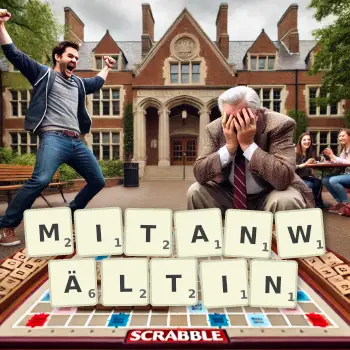 Kreative Illustration für ein Scrabble-Spiel, bei dem das Wort MITANWÄLTIN mit Steinen auf dem Brett gelegt wurde.