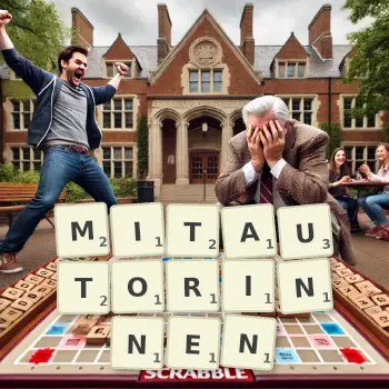 Kreative Illustration für ein Scrabble-Spiel, bei dem das Wort MITAUTORINNEN mit Steinen auf dem Brett gelegt wurde.