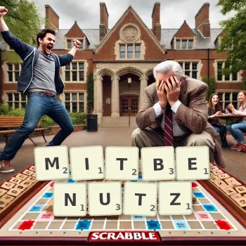 Kreative Illustration für ein Scrabble-Spiel, bei dem das Wort MITBENUTZ mit Steinen auf dem Brett gelegt wurde.