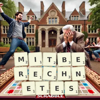 Kreative Illustration für ein Scrabble-Spiel, bei dem das Wort MITBERECHNETES mit Steinen auf dem Brett gelegt wurde.