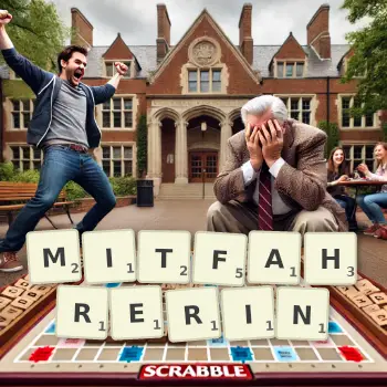 Kreative Illustration für ein Scrabble-Spiel, bei dem das Wort MITFAHRERIN mit Steinen auf dem Brett gelegt wurde.