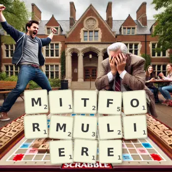 Kreative Illustration für ein Scrabble-Spiel, bei dem das Wort MITFORMULIERE mit Steinen auf dem Brett gelegt wurde.