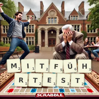 Kreative Illustration für ein Scrabble-Spiel, bei dem das Wort MITFÜHRTEST mit Steinen auf dem Brett gelegt wurde.
