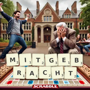 Kreative Illustration für ein Scrabble-Spiel, bei dem das Wort MITGEBRACHT mit Steinen auf dem Brett gelegt wurde.