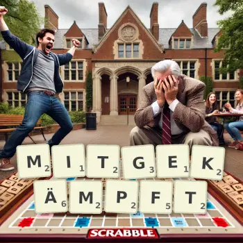Kreative Illustration für ein Scrabble-Spiel, bei dem das Wort MITGEKÄMPFT mit Steinen auf dem Brett gelegt wurde.