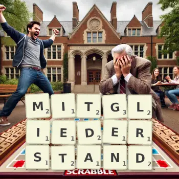 Kreative Illustration für ein Scrabble-Spiel, bei dem das Wort MITGLIEDERSTAND mit Steinen auf dem Brett gelegt wurde.