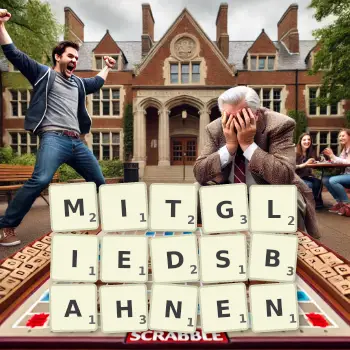 Kreative Illustration für ein Scrabble-Spiel, bei dem das Wort MITGLIEDSBAHNEN mit Steinen auf dem Brett gelegt wurde.