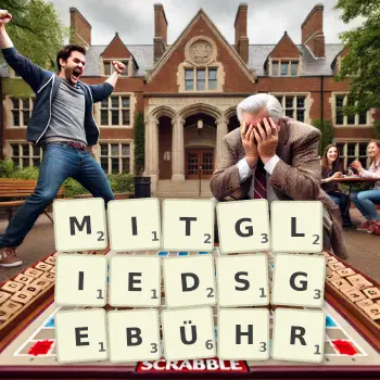 Kreative Illustration für ein Scrabble-Spiel, bei dem das Wort MITGLIEDSGEBÜHR mit Steinen auf dem Brett gelegt wurde.