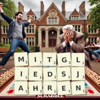 Kreative Illustration für ein Scrabble-Spiel, bei dem das Wort MITGLIEDSJAHREN mit Steinen auf dem Brett gelegt wurde.