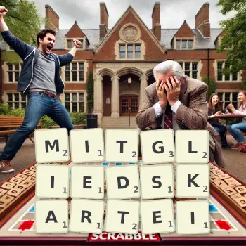 Kreative Illustration für ein Scrabble-Spiel, bei dem das Wort MITGLIEDSKARTEI mit Steinen auf dem Brett gelegt wurde.