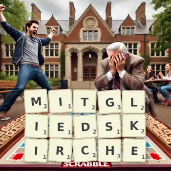 Kreative Illustration für ein Scrabble-Spiel, bei dem das Wort MITGLIEDSKIRCHE mit Steinen auf dem Brett gelegt wurde.