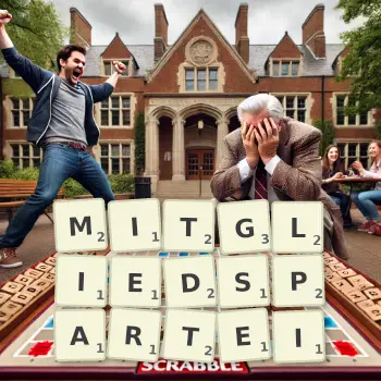 Kreative Illustration für ein Scrabble-Spiel, bei dem das Wort MITGLIEDSPARTEI mit Steinen auf dem Brett gelegt wurde.
