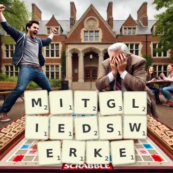 Kreative Illustration für ein Scrabble-Spiel, bei dem das Wort MITGLIEDSWERKE mit Steinen auf dem Brett gelegt wurde.