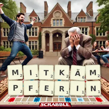 Kreative Illustration für ein Scrabble-Spiel, bei dem das Wort MITKÄMPFERIN mit Steinen auf dem Brett gelegt wurde.