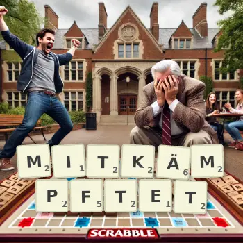 Kreative Illustration für ein Scrabble-Spiel, bei dem das Wort MITKÄMPFTET mit Steinen auf dem Brett gelegt wurde.