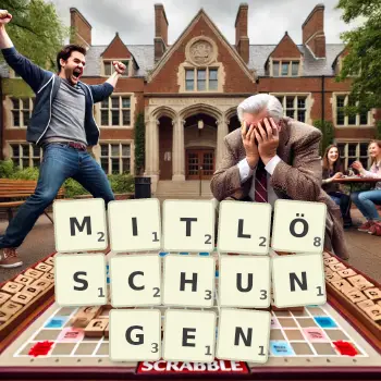 Kreative Illustration für ein Scrabble-Spiel, bei dem das Wort MITLÖSCHUNGEN mit Steinen auf dem Brett gelegt wurde.