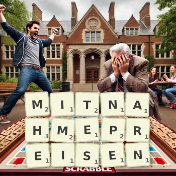 Kreative Illustration für ein Scrabble-Spiel, bei dem das Wort MITNAHMEPREISEN mit Steinen auf dem Brett gelegt wurde.